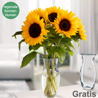 5 Sonnenblumen im Bund mit Vase 5 Sonnenblumen im Bund mit Vase