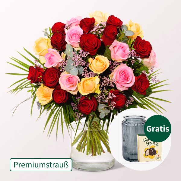 Premiumstrauß Rosenfest mit Premiumvase & Halloren Kugeln