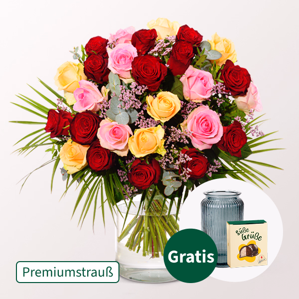 Premiumstrauß Rosenfest mit Premiumvase & Halloren Kugeln