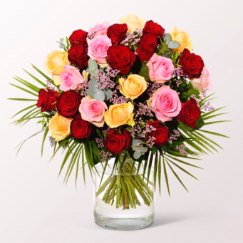Premiumstrauß Rosenfest mit Premiumvase & Halloren Kugeln
