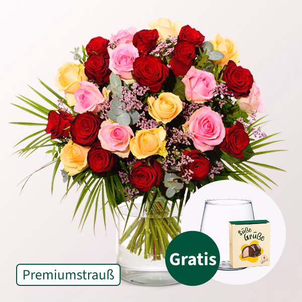 Premiumstrauß Rosenfest mit Premiumvase & Halloren Kugeln