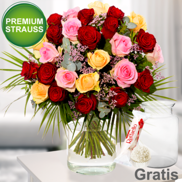 Premiumstrauß Rosenfest mit Premiumvase & Ferrero Raffaello