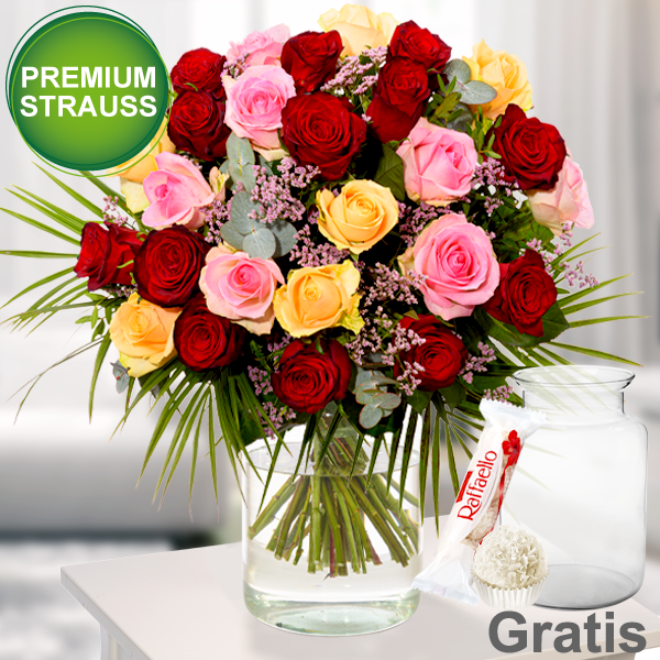 Premiumstrauß Rosenfest mit Premiumvase & Ferrero Raffaello