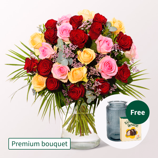 Premium Bouquet Rosenfest with Premium Vase & Halloren Balls