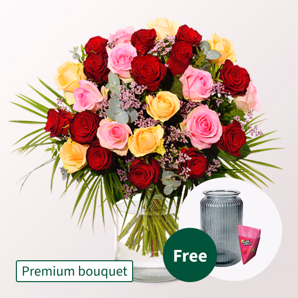 Premium Bouquet Rosenfest with Premium Vase & SunLolly Raspberry