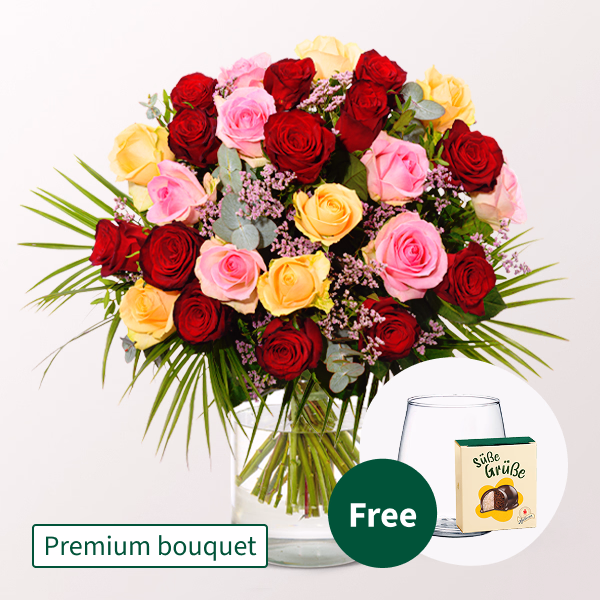 Premium Bouquet Rosenfest with Premium Vase & Halloren Balls