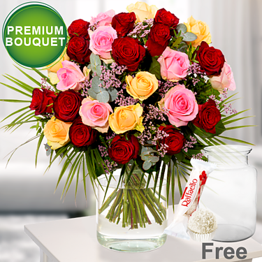Premium Bouquet Rosenfest with premium vase & Ferrero Raffaello