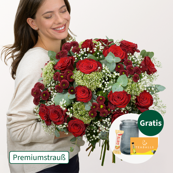 Premiumstrauß Märchenhaft mit Premiumvase & Ferrero Giotto 3er & Teaballs