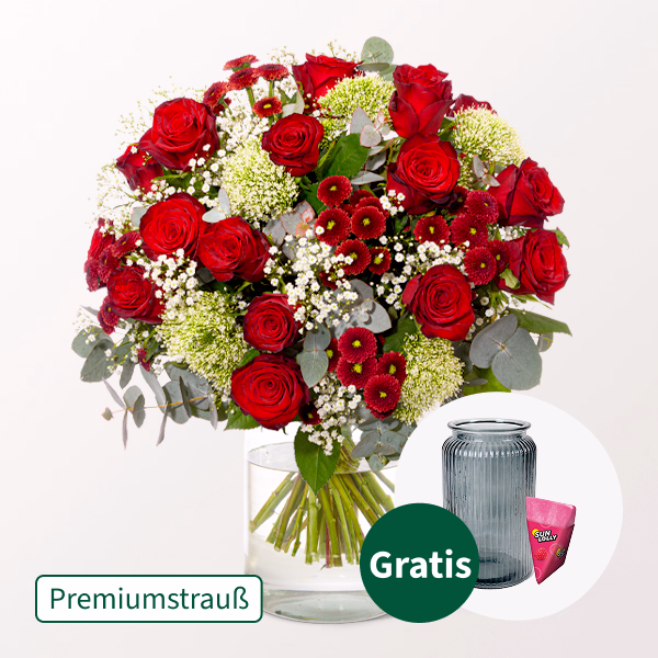 Premiumstrauß Märchenhaft mit Premiumvase & SunLolly Himbeere