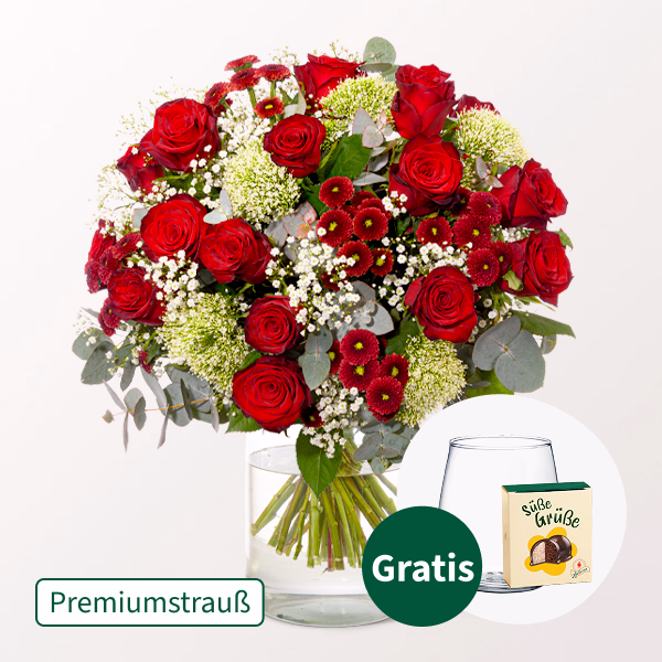 Premiumstrauß Märchenhaft mit Premiumvase & Halloren Kugeln