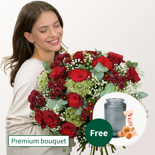 Premium Bouquet Märchenhaft mit Premium Vase & 3 Ferrero Giotto