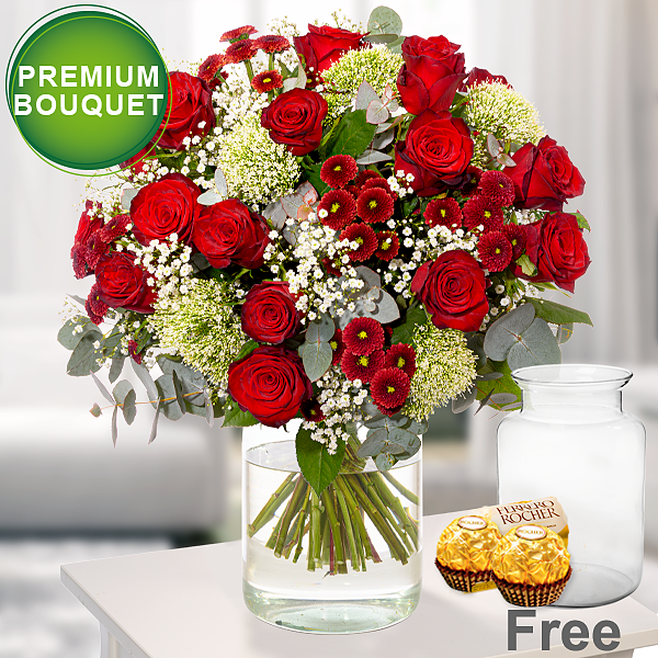 Premium Bouquet Märchenhaft with premium vase & 2 Ferrero Rocher