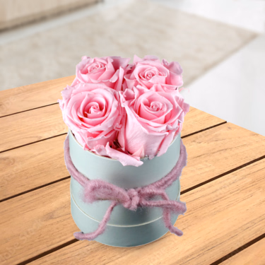 4 light pink roses in a hat box