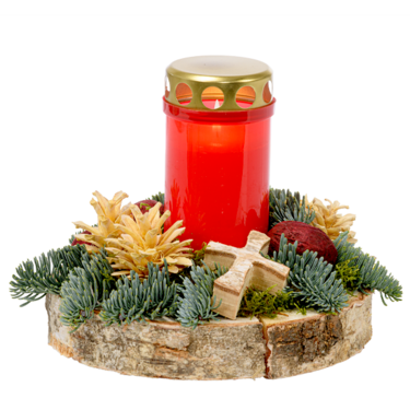 frisch gesteckt Trauerarrangement mit rotem Grablicht