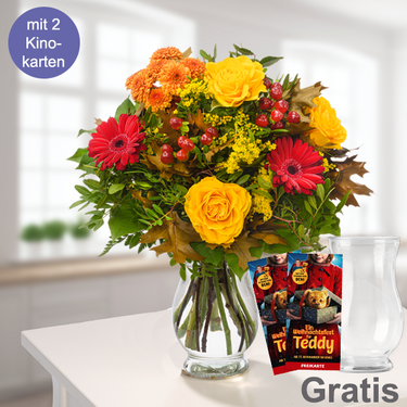 frisch gebunden Blumenstrauß Herbstsymphonie mit Vase & 2 Kinokarten