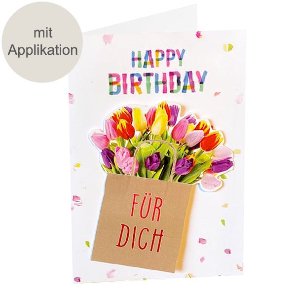 Motivkarte mit Blumen-Applikation "Happy Birthday. Für dich"