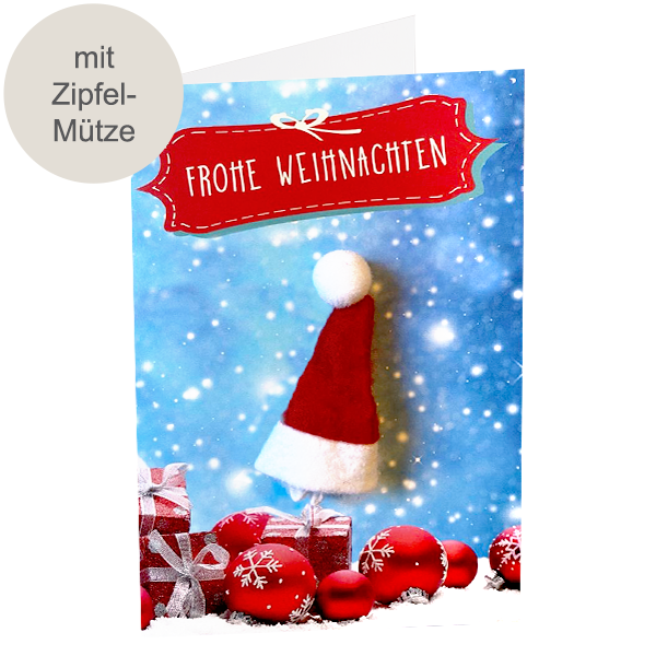 Motivkarte mit Weihnachtsmützen-Applikation