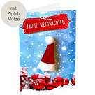 Motivkarte mit Weihnachtsmützen-Applikation "Frohe Weihnachten"