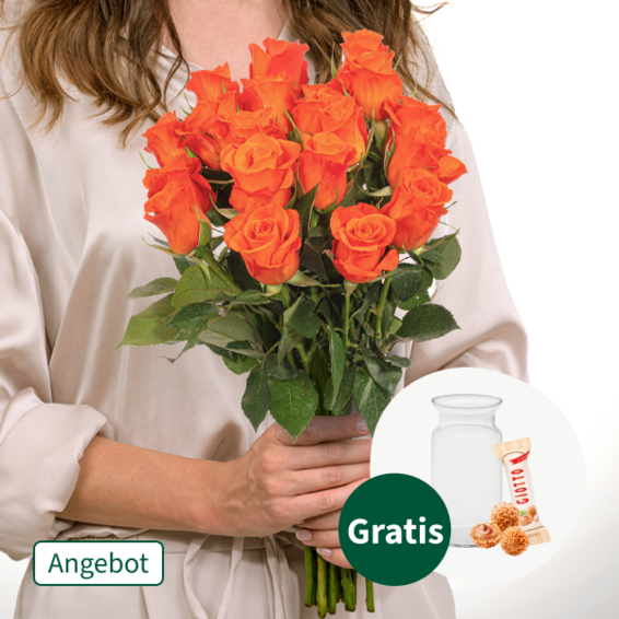 20 orange Nikolaus-Rosen im Bund mit Vase & Ferrero Giotto 3er