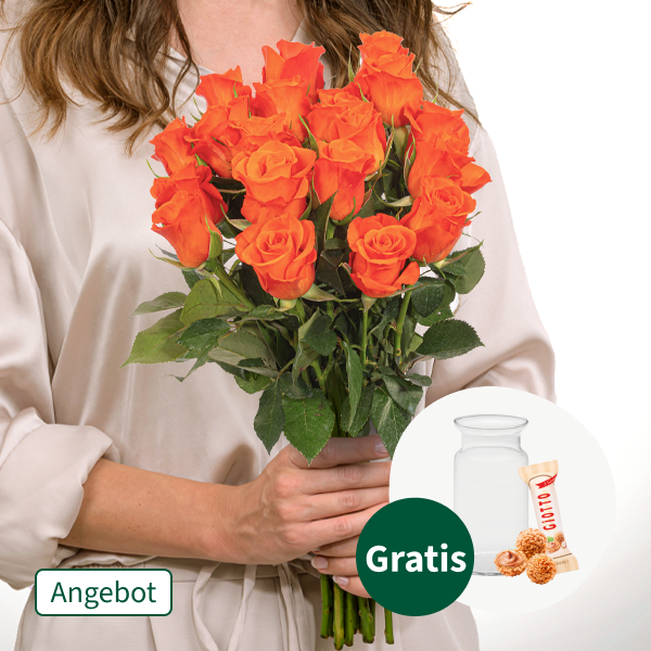 20 orange Nikolaus-Rosen im Bund mit Vase & Ferrero Giotto 3er