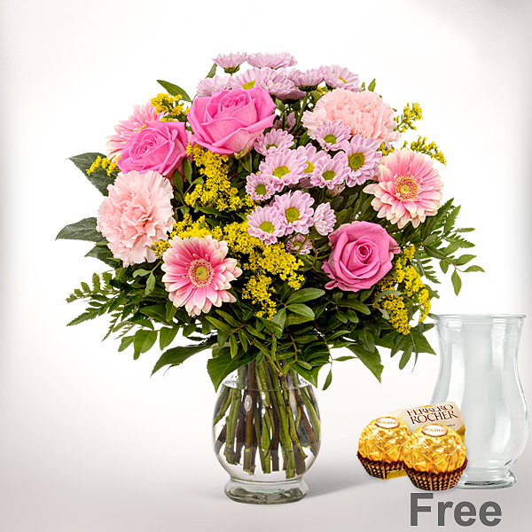 Flower Bouquet Du bist die Beste with vase & 2 Ferrero Rocher