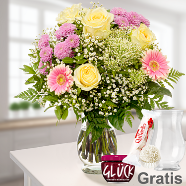 Blumenstrauß Blumenfreude mit Vase & Ferrero Raffaello & GLÜCK-Marmelade