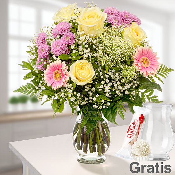 Blumenstrauß Blumenfreude mit Vase & Ferrero Raffaello