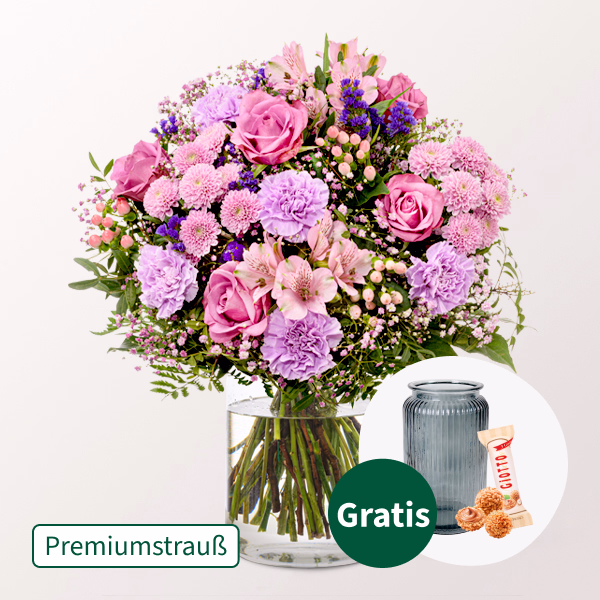 Premiumstrauß Blütenstar mit Premiumvase & Ferrero Giotto 3er