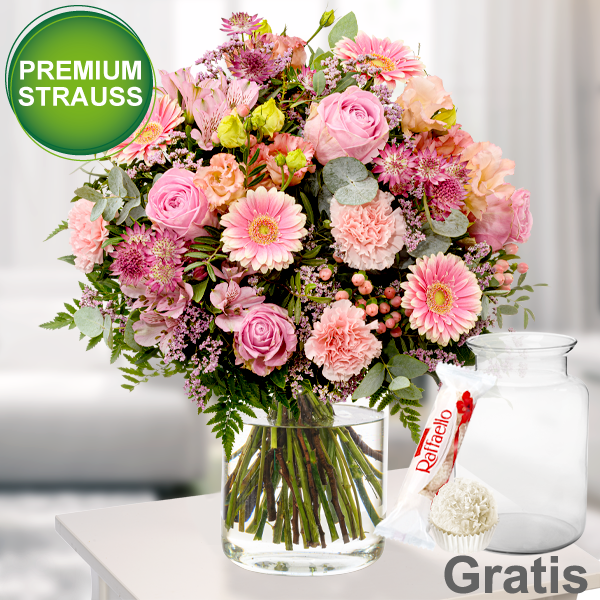 Premiumstrauß Poesie mit Premiumvase & Ferrero Raffaello