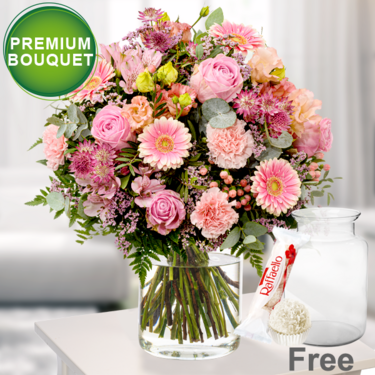 freshly tied Premium Bouquet Poesie with premium vase & Ferrero Raffaello
