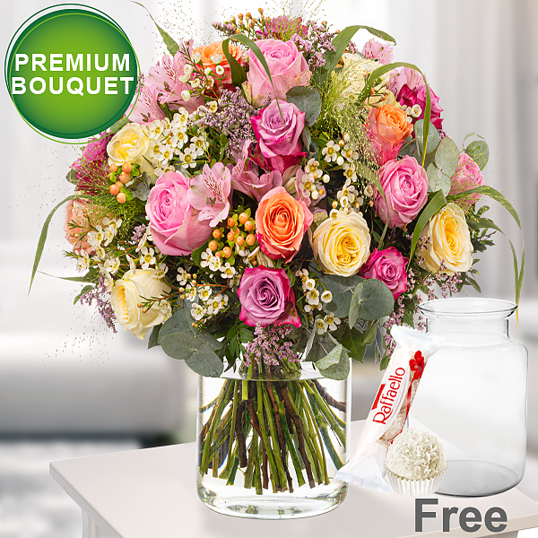 Premium Bouquet Meisterwerk with premium vase & Ferrero Raffaello