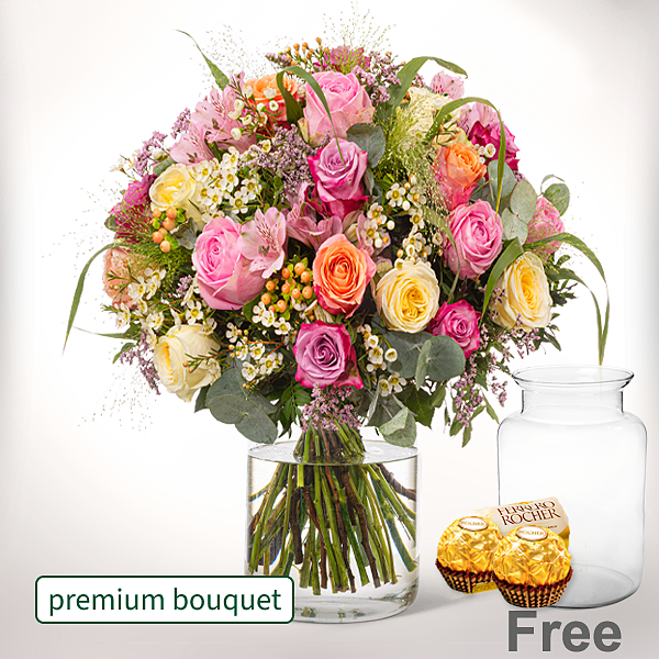 Premium Bouquet Meisterwerk with premium vase & 2 Ferrero Rocher