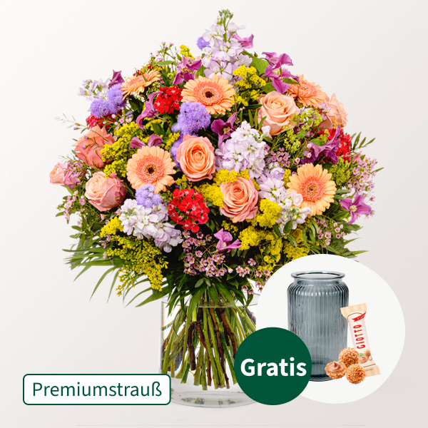 Premiumstrauß Blütensensation mit Premiumvase & Ferrero Giotto 3er