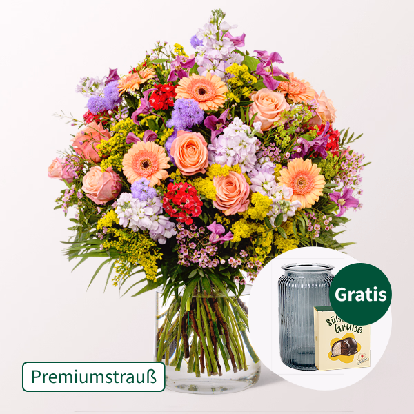 Premiumstrauß Blütensensation mit Premiumvase & Halloren Kugeln