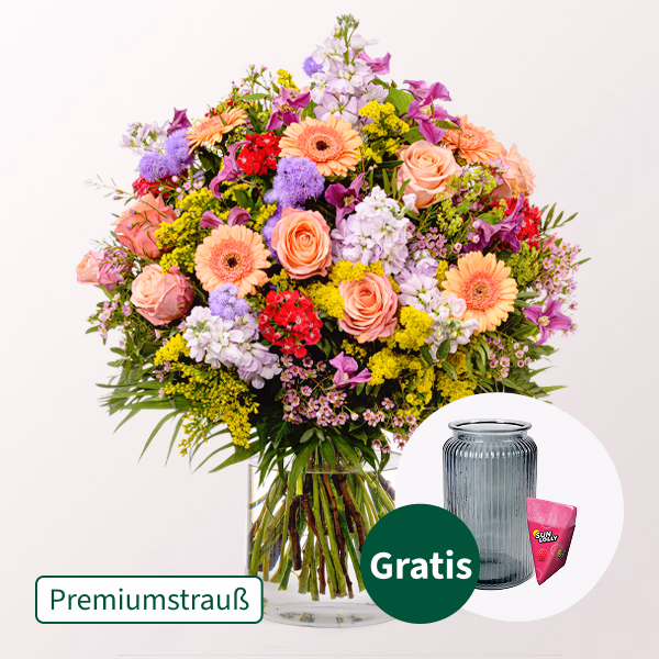 Premiumstrauß Blütensensation mit Premiumvase & SunLolly Himbeere