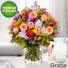 Premiumstrauß Blütensensation mit Premiumvase & Ferrero Raffaello