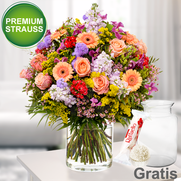 Premiumstrauß Blütensensation mit Premiumvase & Ferrero Raffaello