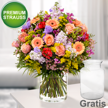 frisch gebunden Premiumstrauß Blütensensation mit Premiumvase