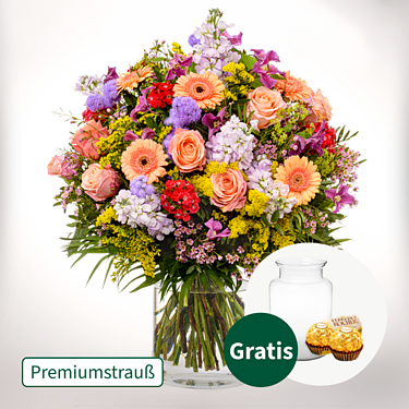 Premiumstrauß Blütensensation mit Premiumvase & 2 Ferrero Rocher