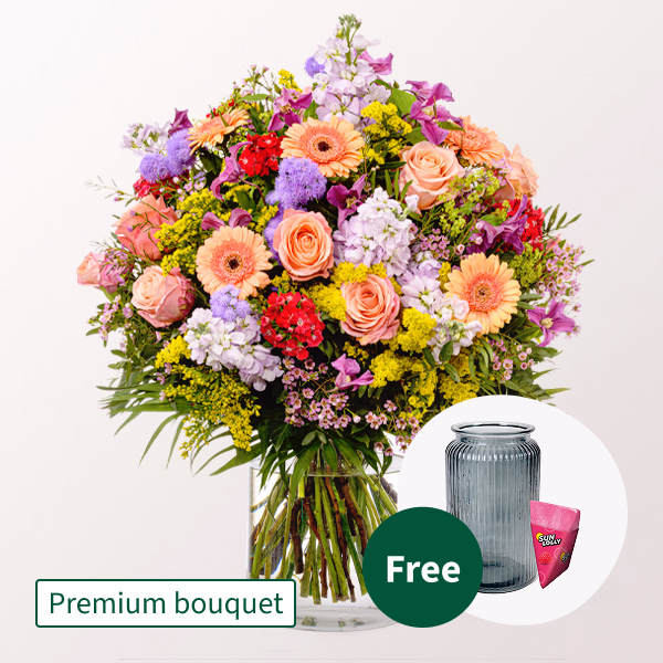 Premium Bouquet Blütensensation with Premium Vase & SunLolly Raspberry