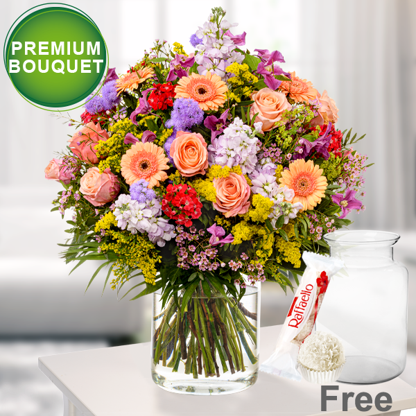 Premium Bouquet Blütensensation with premium vase & Ferrero Raffaello