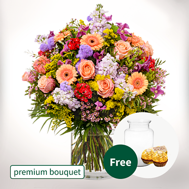 Premium Bouquet Blütensensation with premium vase & 2 Ferrero Rocher