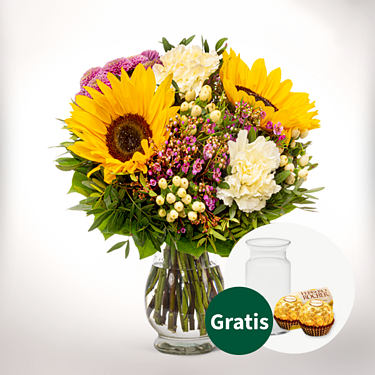 Blumenstrauß Herzenswärme mit Vase & 2 Ferrero Rocher