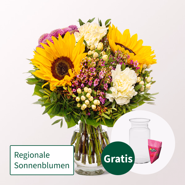 Blumenstrauß Herzenswärme mit SunLolly Himbeere & Vase