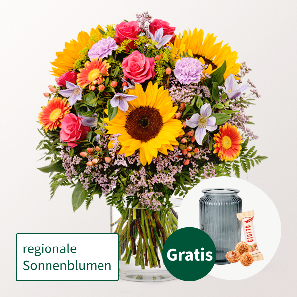 Premiumstrauß Farbenfreude mit Premiumvase & Ferrero Giotto 3er