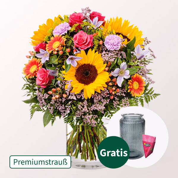 Premiumstrauß Farbenfreude mit Premiumvase & SunLolly Himbeere