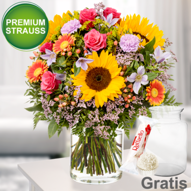frisch gebunden Premiumstrauß Farbenfreude mit Premiumvase & Ferrero Raffaello