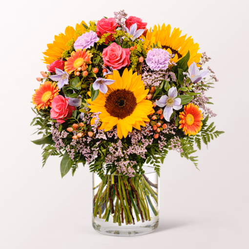 Premium Bouquet Farbenfreude with Premium Vase & 3 Ferrero Giotto