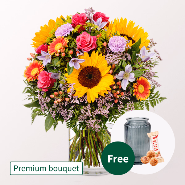 Premium Bouquet Farbenfreude with Premium Vase & 3 Ferrero Giotto