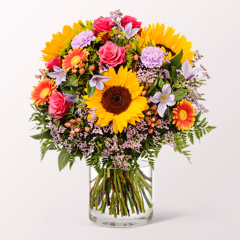 Premium Bouquet Farbenfreude with Premium Vase & 3 Ferrero Giotto